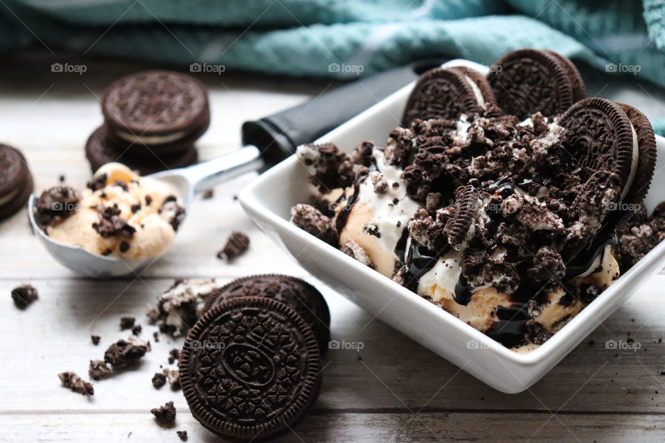 Sweet ice cream dessert with cookies