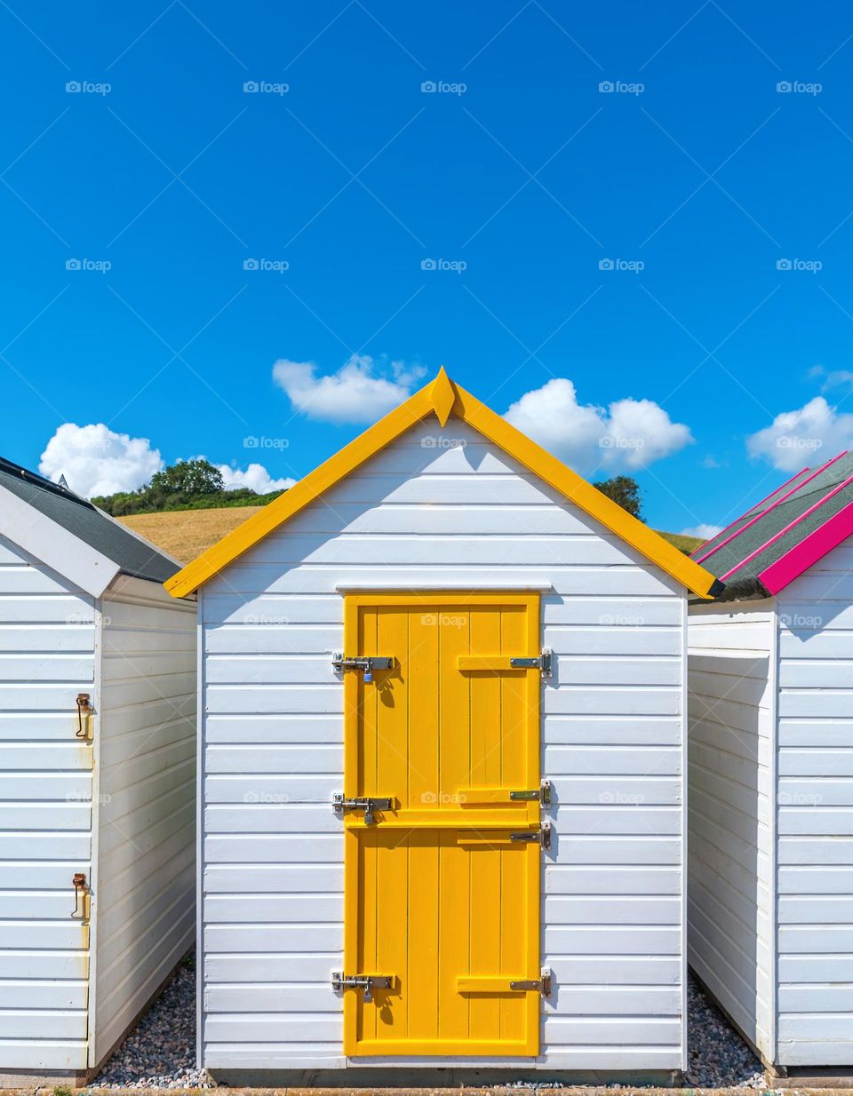 Yellow door. Shed. Cabin. Hut.