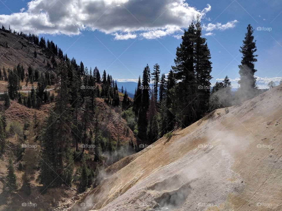 Sulphur Hot Springs, Trees, and Mountains at Lassen Volcanic National Park in California