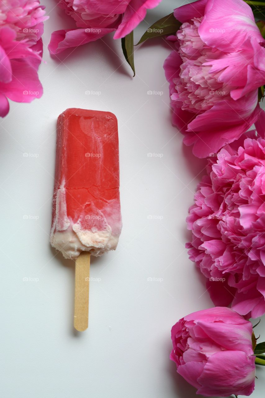 High angle view of ice cream and flowers