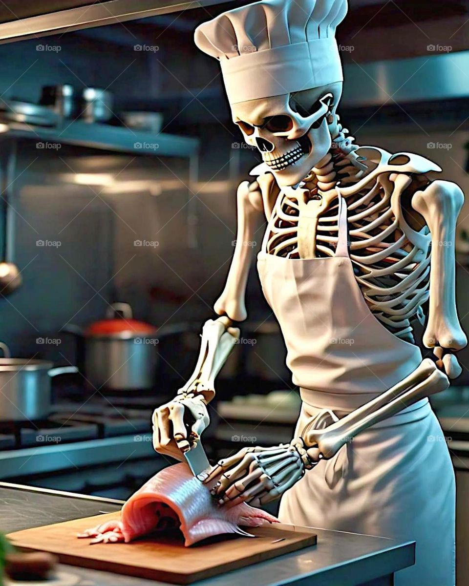 Skeleton chef makes a fish entree, skeleton chef cooks in the kitchen, skeleton makes food for guests in the kitchen 