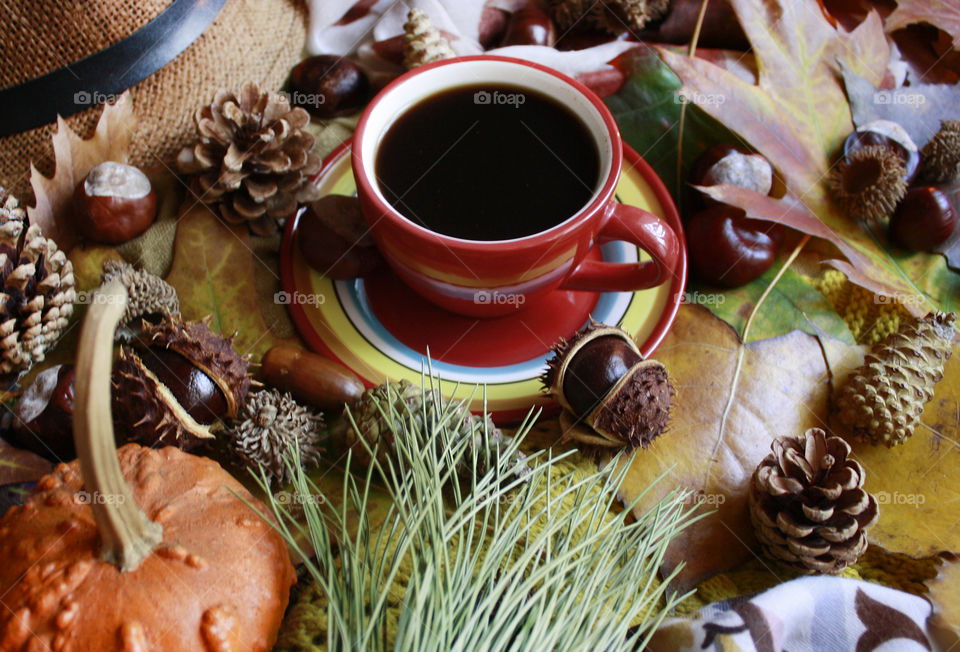 Red cup of coffee, autumn leaves, still life