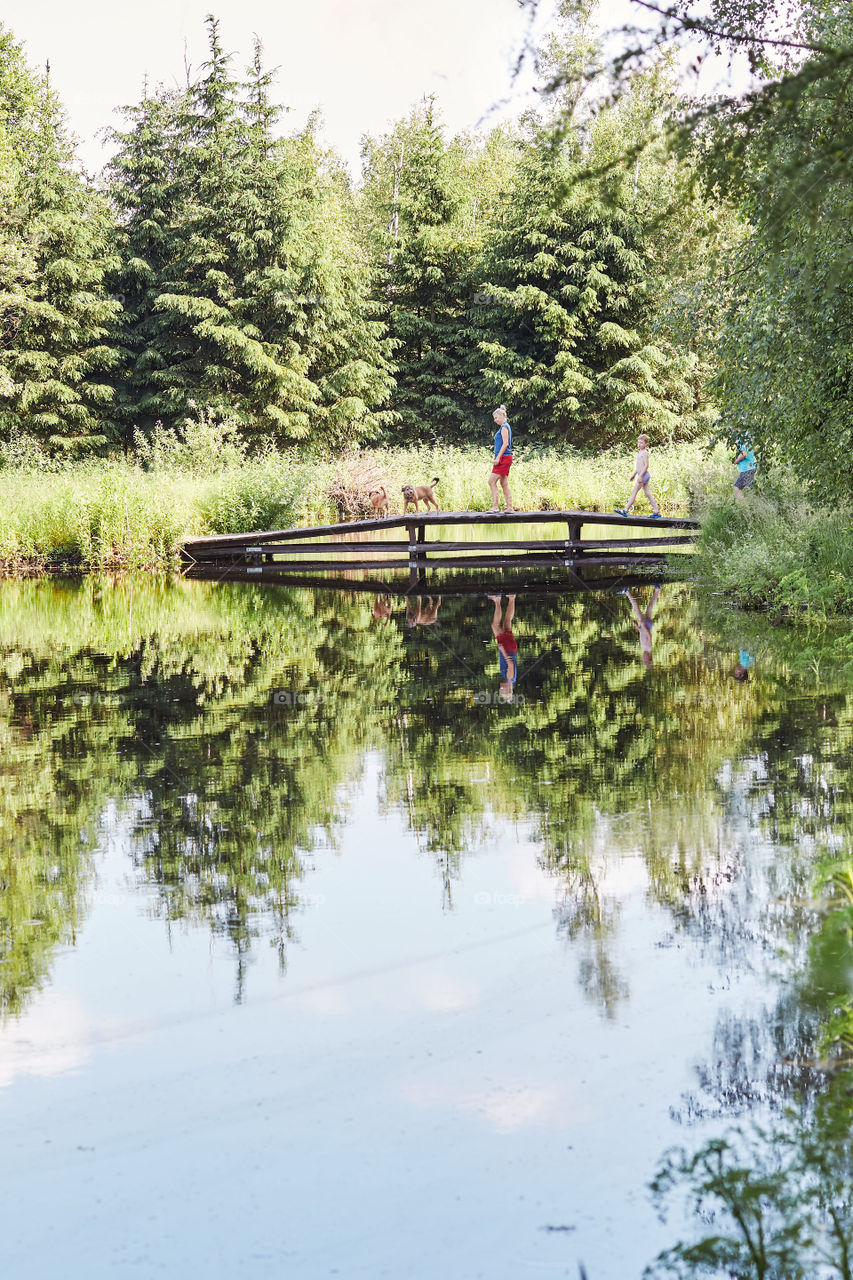 Family spending time together sitting on a bridge over a lake, among the trees, close to nature, during summer vacations. Candid people, real moments, authentic situations