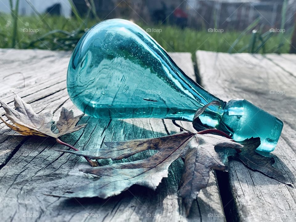 A bauble in the mid-morning sun. Glass, with the Autumn leaves, reflecting in the sun. 
