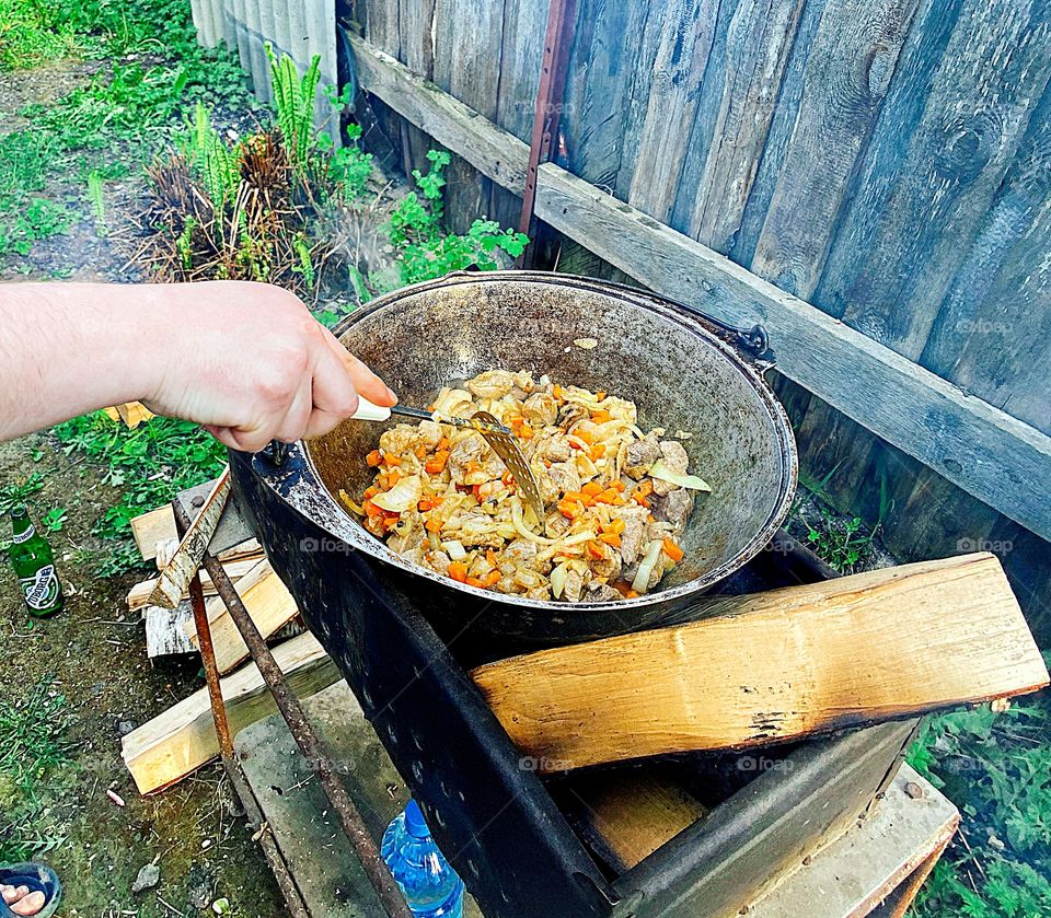 Cooking food on the campfire