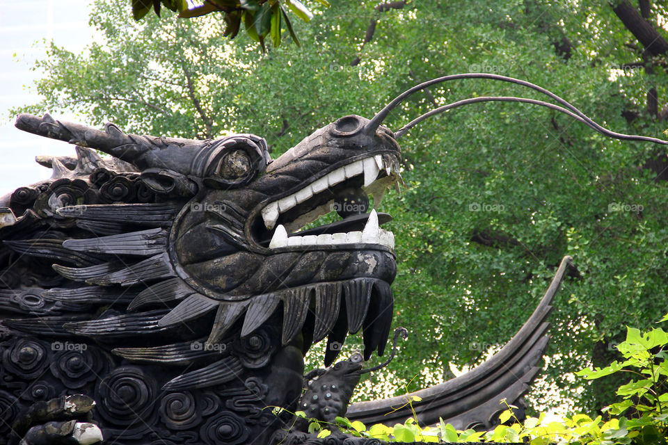 dragon statue in yuyuan garden. a dragon statue placed on top of a wall in yuyuan garden, shanghai, china