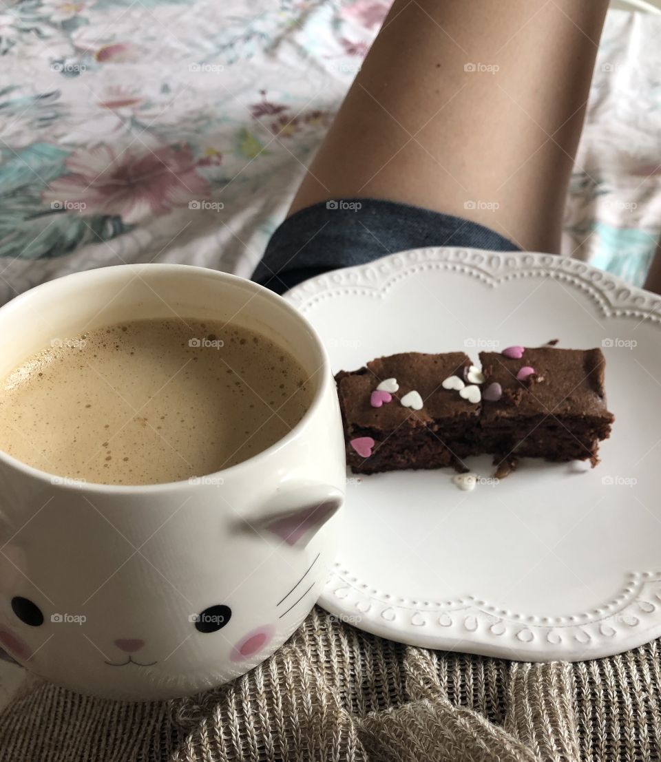 Relaxing with cappuccino and brownies