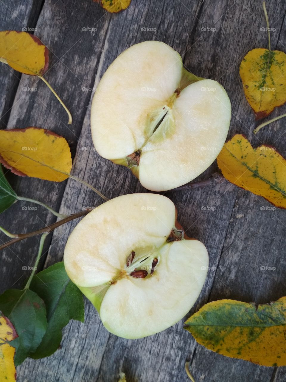 Apple and apple leaves on aged wooden table.
