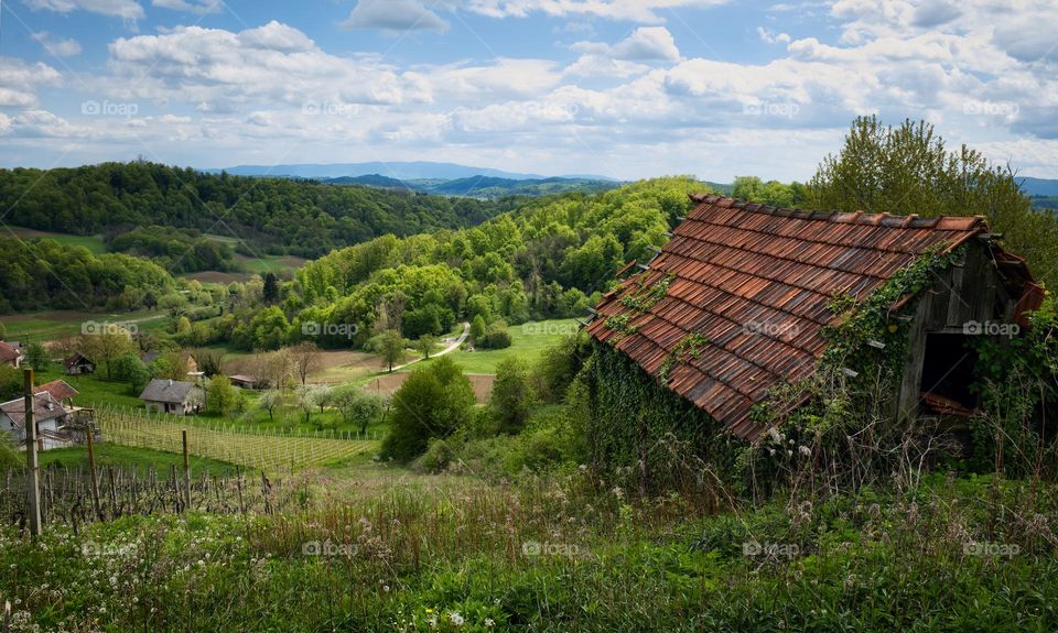 Old wooden house on the hill by the forest at Klenice, Croatia, county hrvatsko zagorje