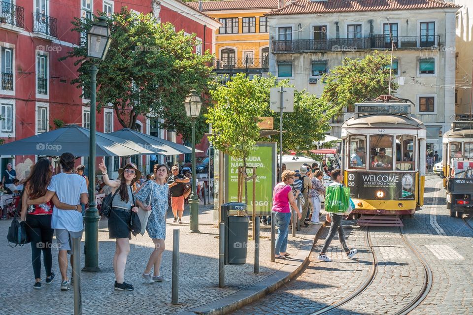 Tram 28 at Portas do Sol, viewpoint, Lisbon, Portugal