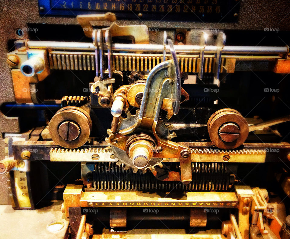 Detail of brass gears and mechanism of first analog computer, Charles