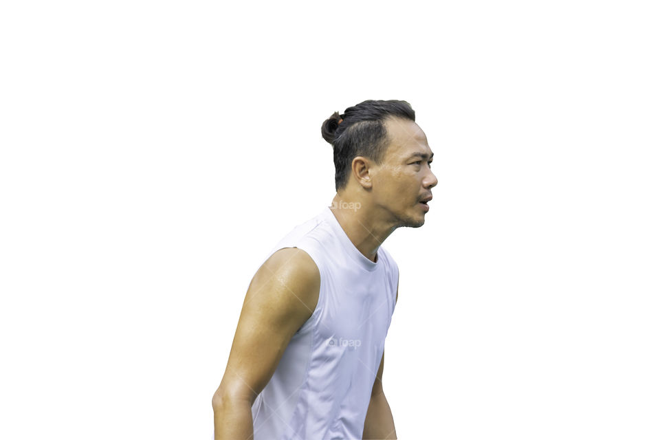 Isolated Portrait Asian man exercise sweat shirt wet on a white background with clipping path.