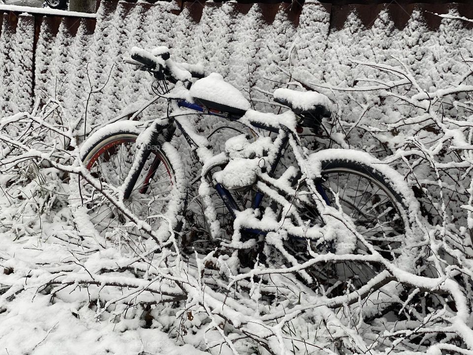 Bicycle covered with snow 