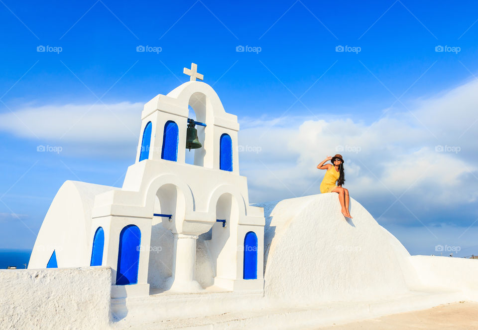 Attractive tourist and famous Santorini attraction, blue sky and sunny day, Mediterranean sea