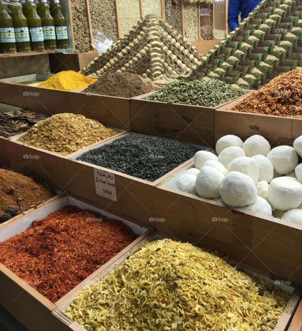 Aromatic and colorful spices in the Muslim Quarter of Old City Jerusalem, Israel. 