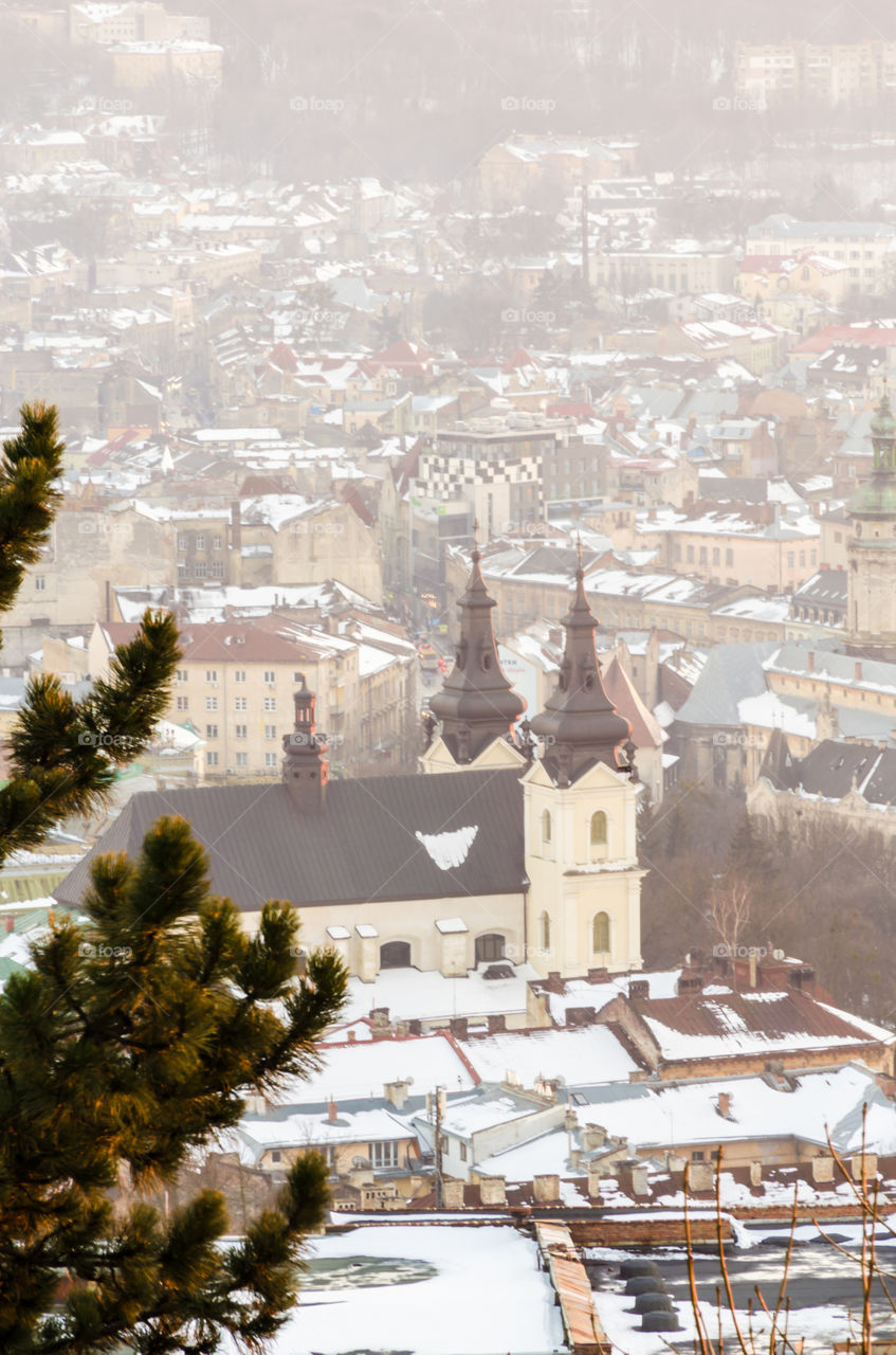 Lviv cityscape during the sunset