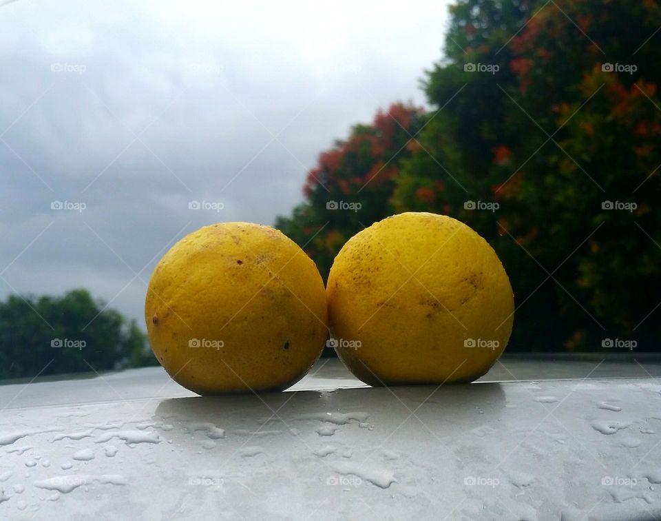 Two lemons at the top of the car in cloudy weather...