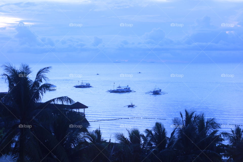 Afternoon coconut seashore with boats.