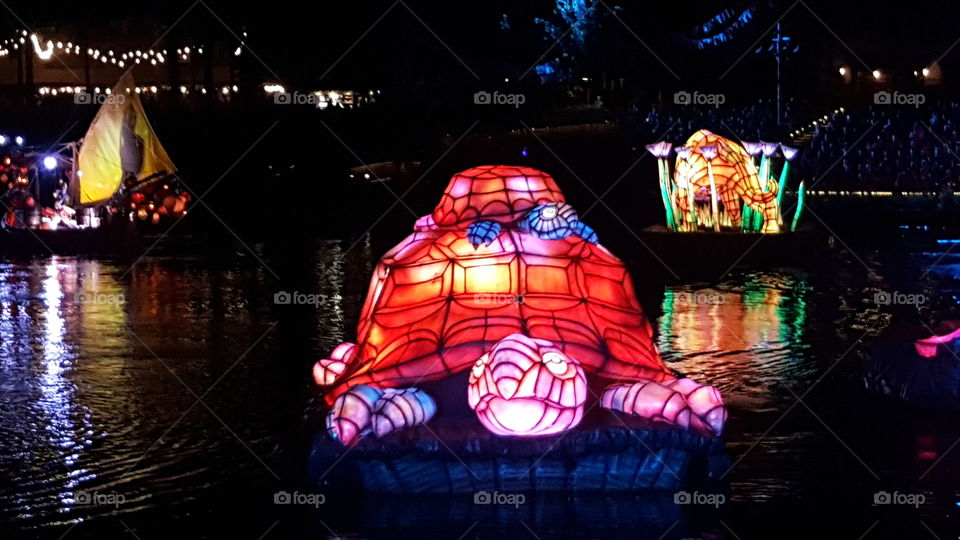 Beautifully-colored animals light up the waters of Discovery River during Rivers of Light at Animal Kingdom at the Walt Disney World Resort in Orlando, Florida.