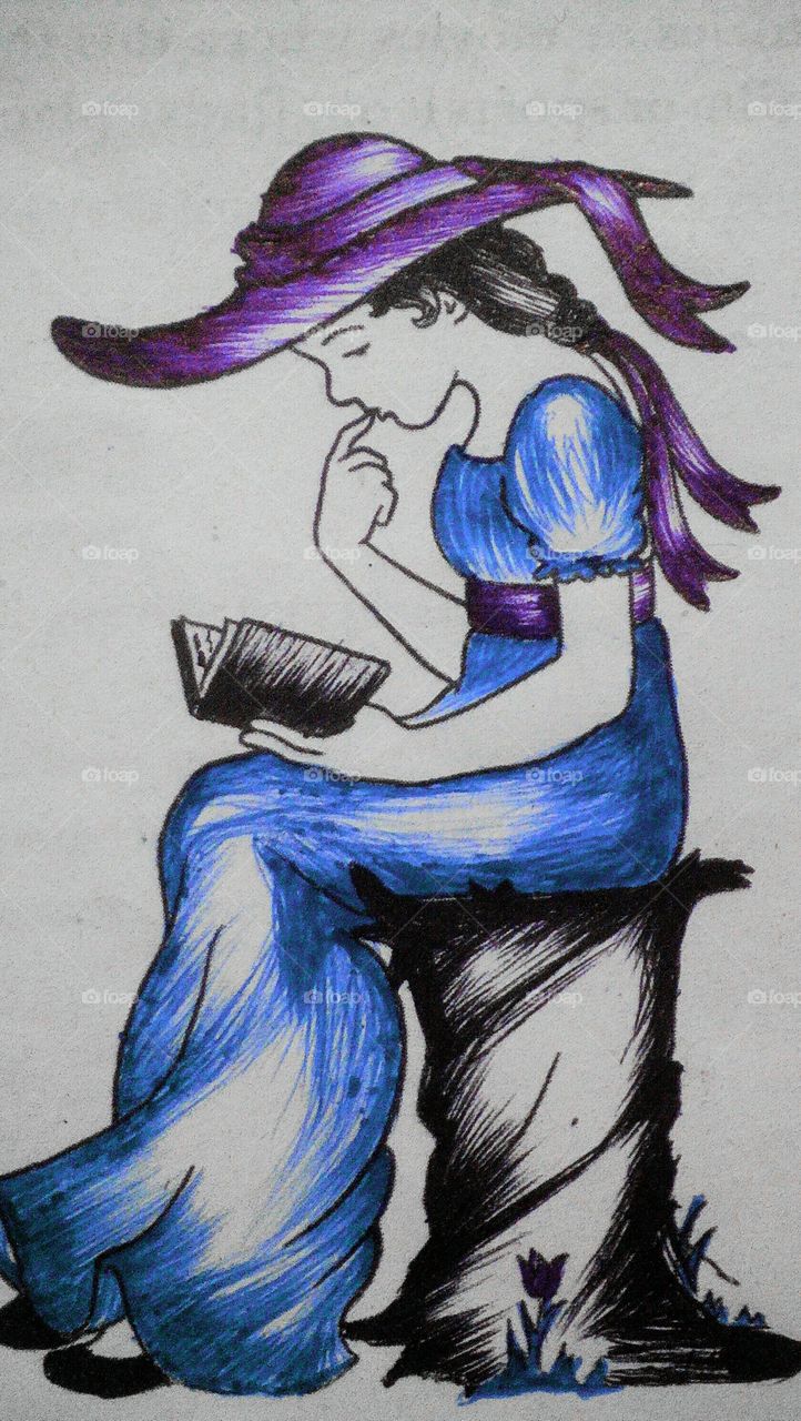 Sketch of a girl reading a book, wearing a big long hat