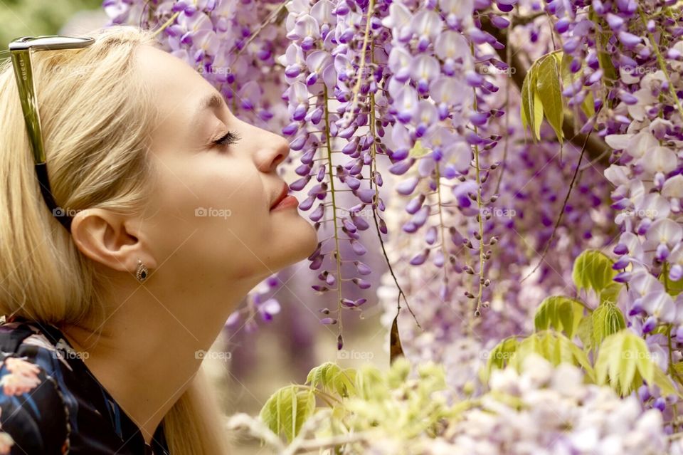Girl gardens flowers beautiful 
