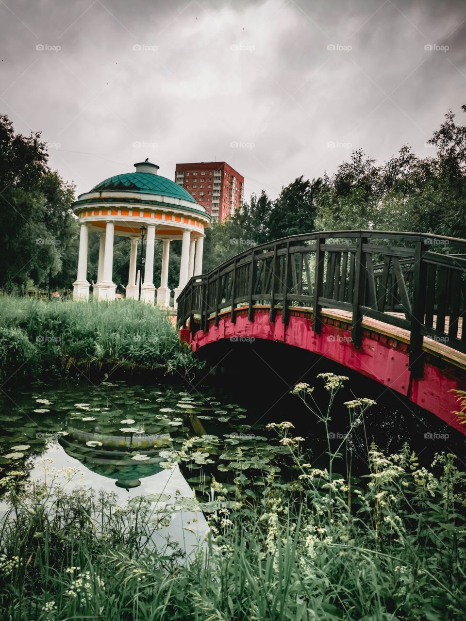 A red bridge in a Moscow park