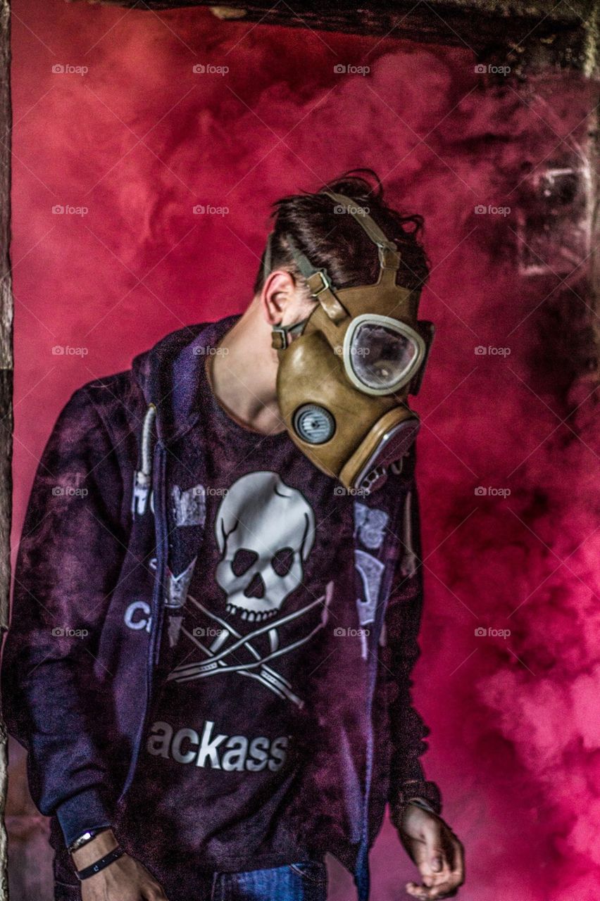 Gas mask in smoke