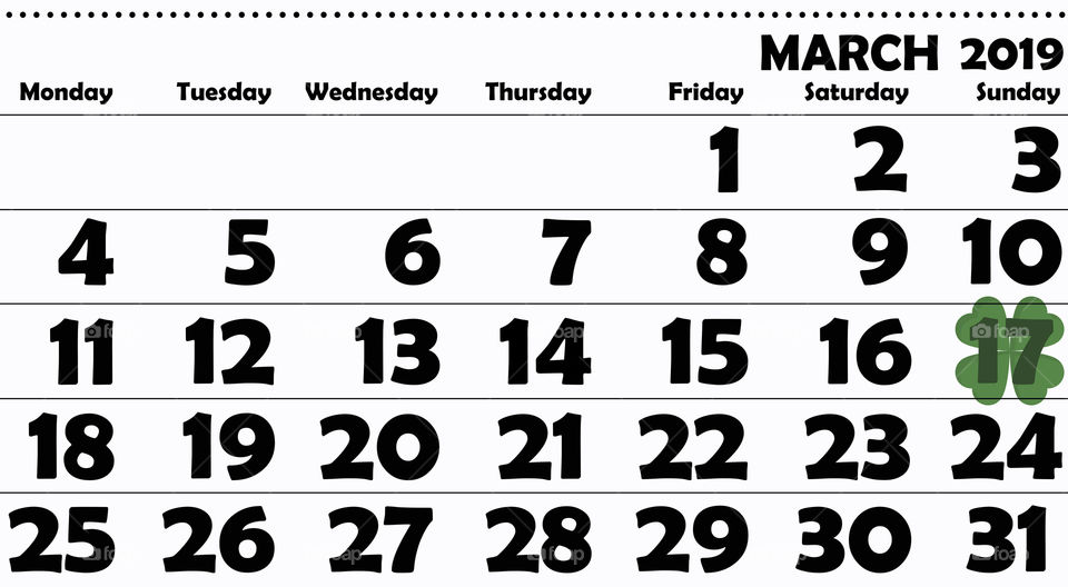 A calendar for March 2019 with focus on Saint Patrick's Day in EU format