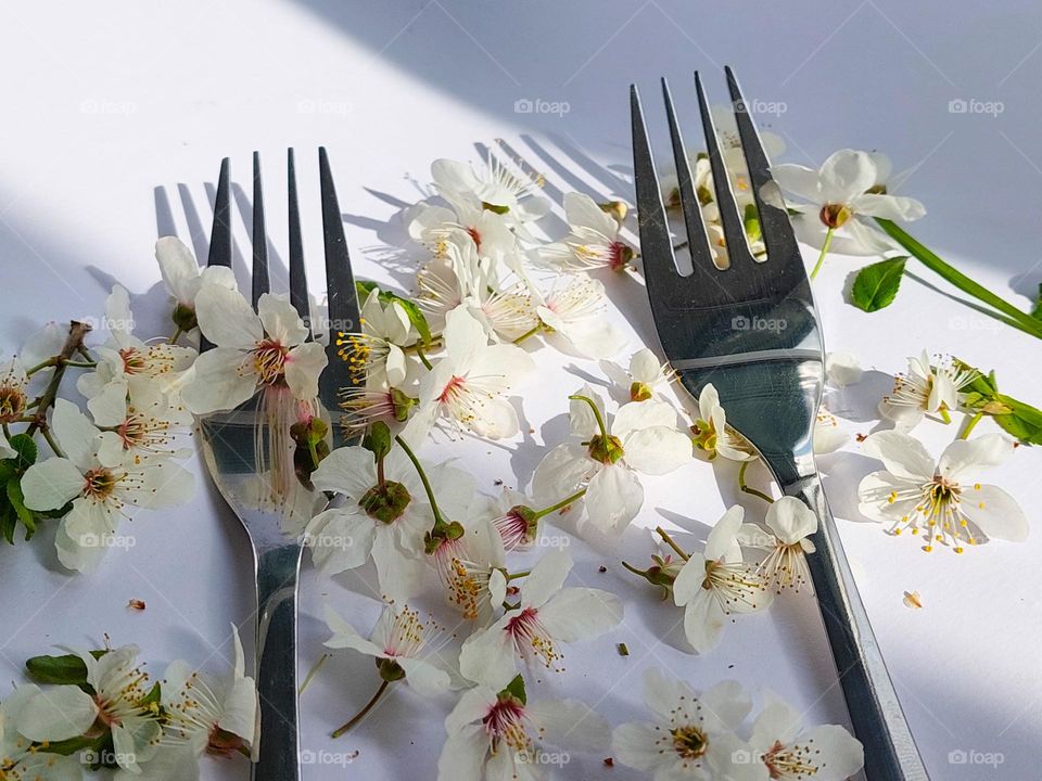 Two metal  forks on the white table decorated with white flowers.  Light-shadows