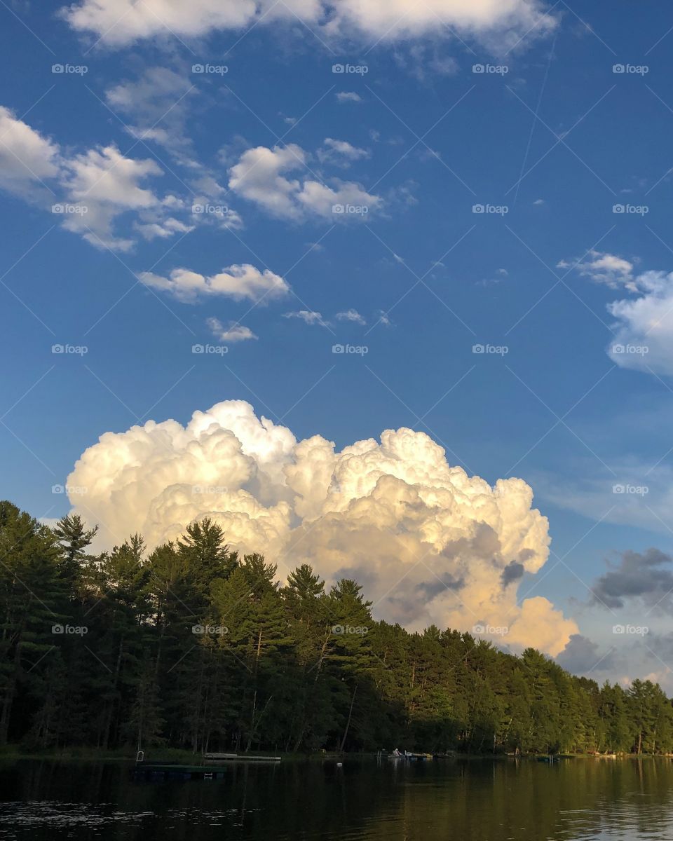Giant white storm clouds building up before a storm in the pinetrees.
