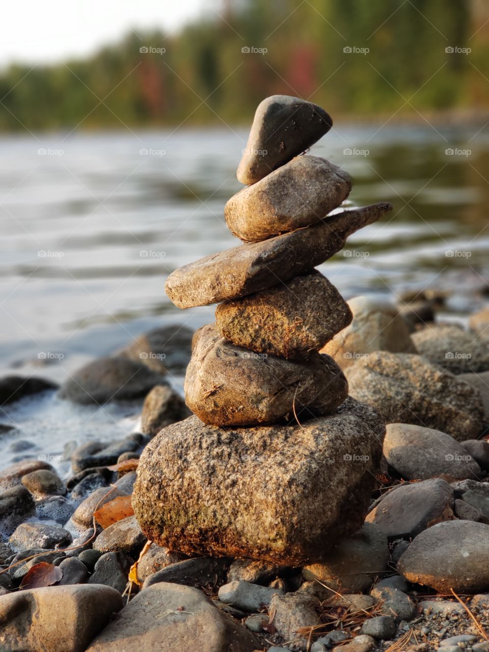 Stack of rocks by the lake.