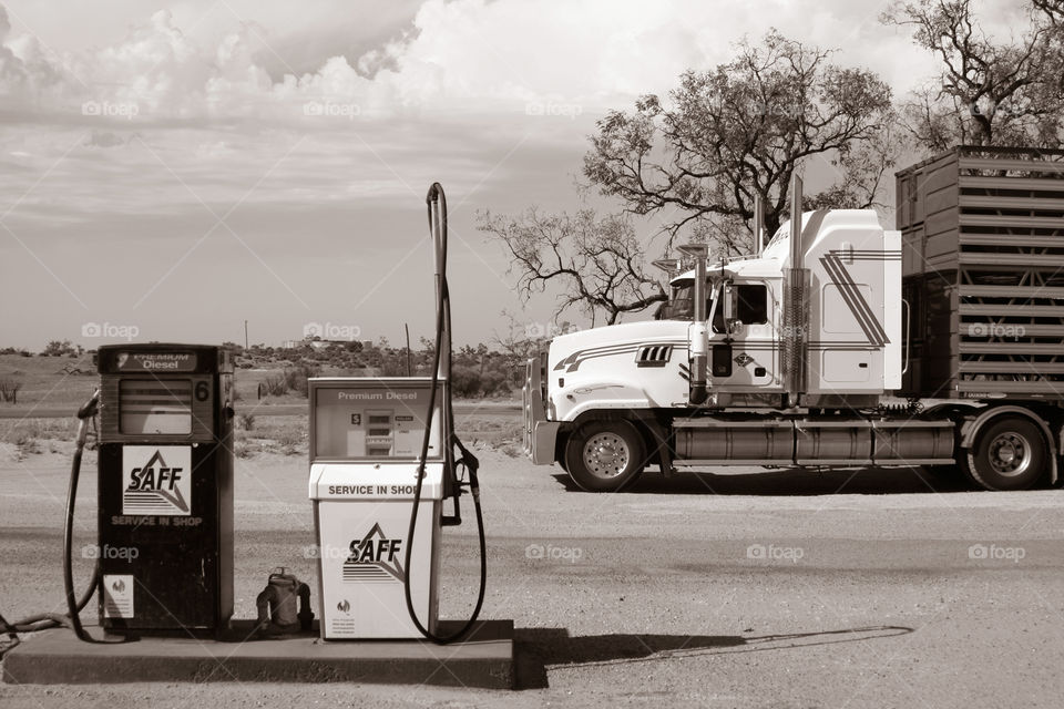 Giant truck at a petrol station in Coombah, Scotia, Australia 