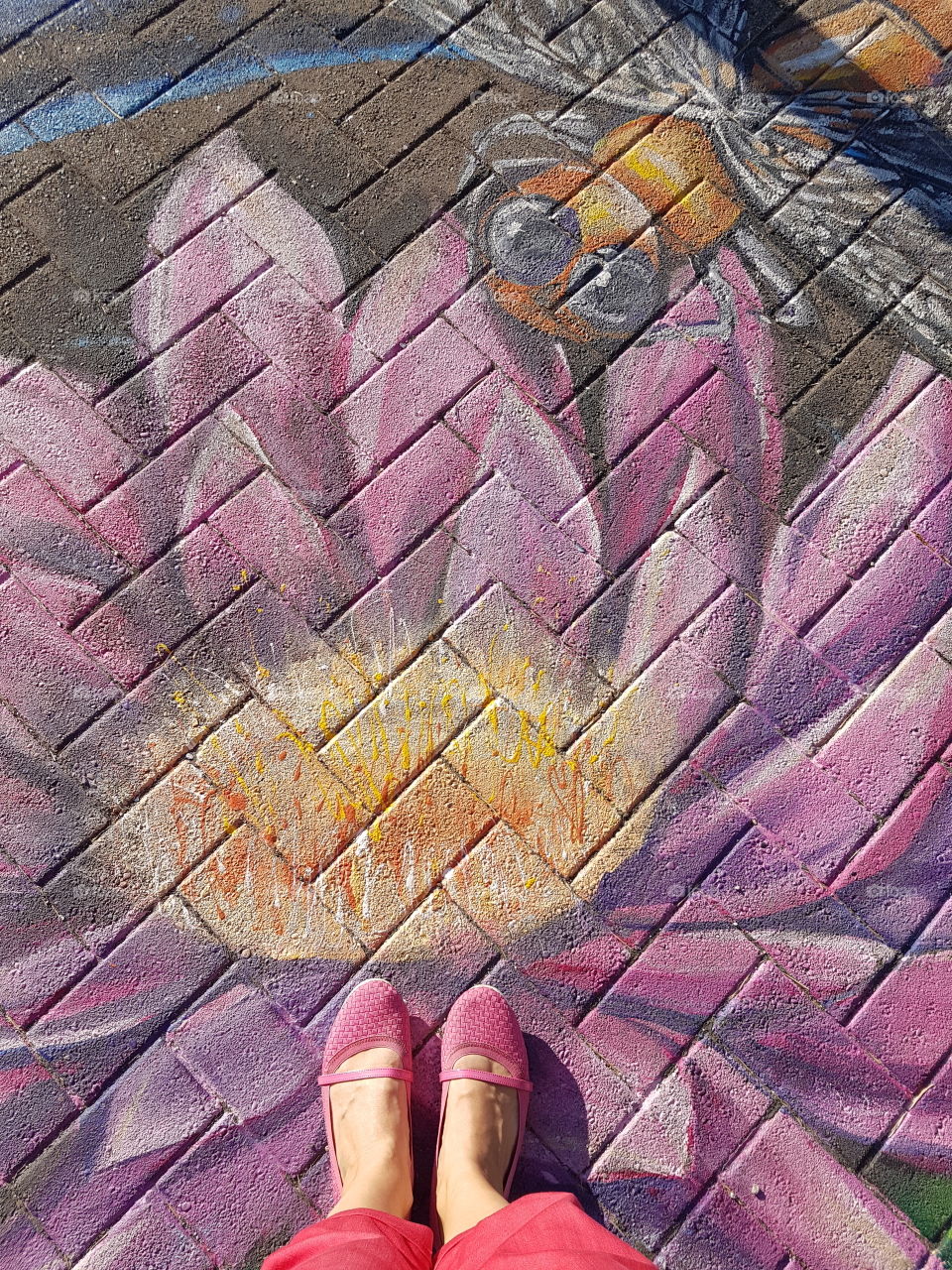 pink shoes and red pants in the yellow middle of a painted lotus flower while a dragonfly looks on. Street art in Vancouver, British Columbia under the cambie street bridge along the seawall.
