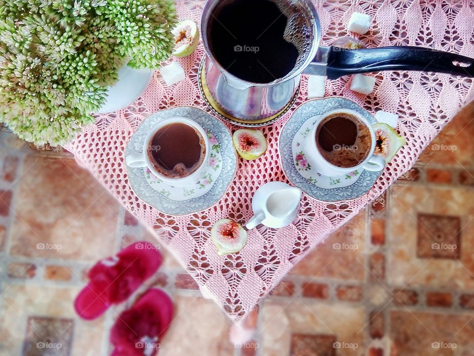 black custard coffee with cream for breakfast