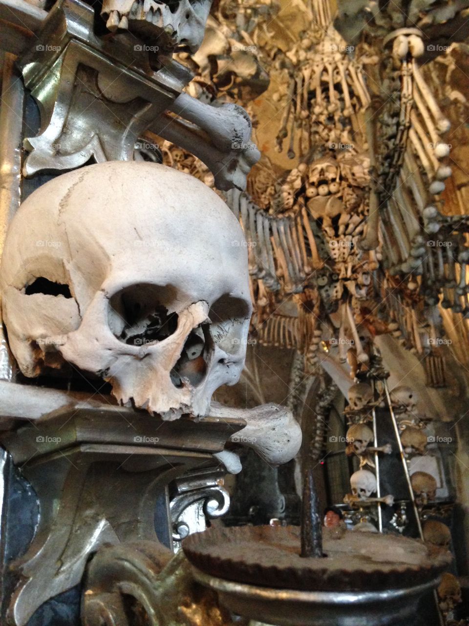 Skull at the Sedlec Ossuary. Human bone art in the Sedlec Ossuary in Kutna Hora, Czech Republic 