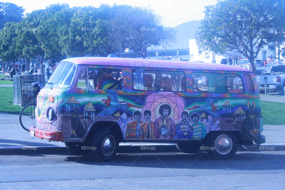 Tye dye Hippie tour Volkswagen in San Francisco near fisherman’s wharf