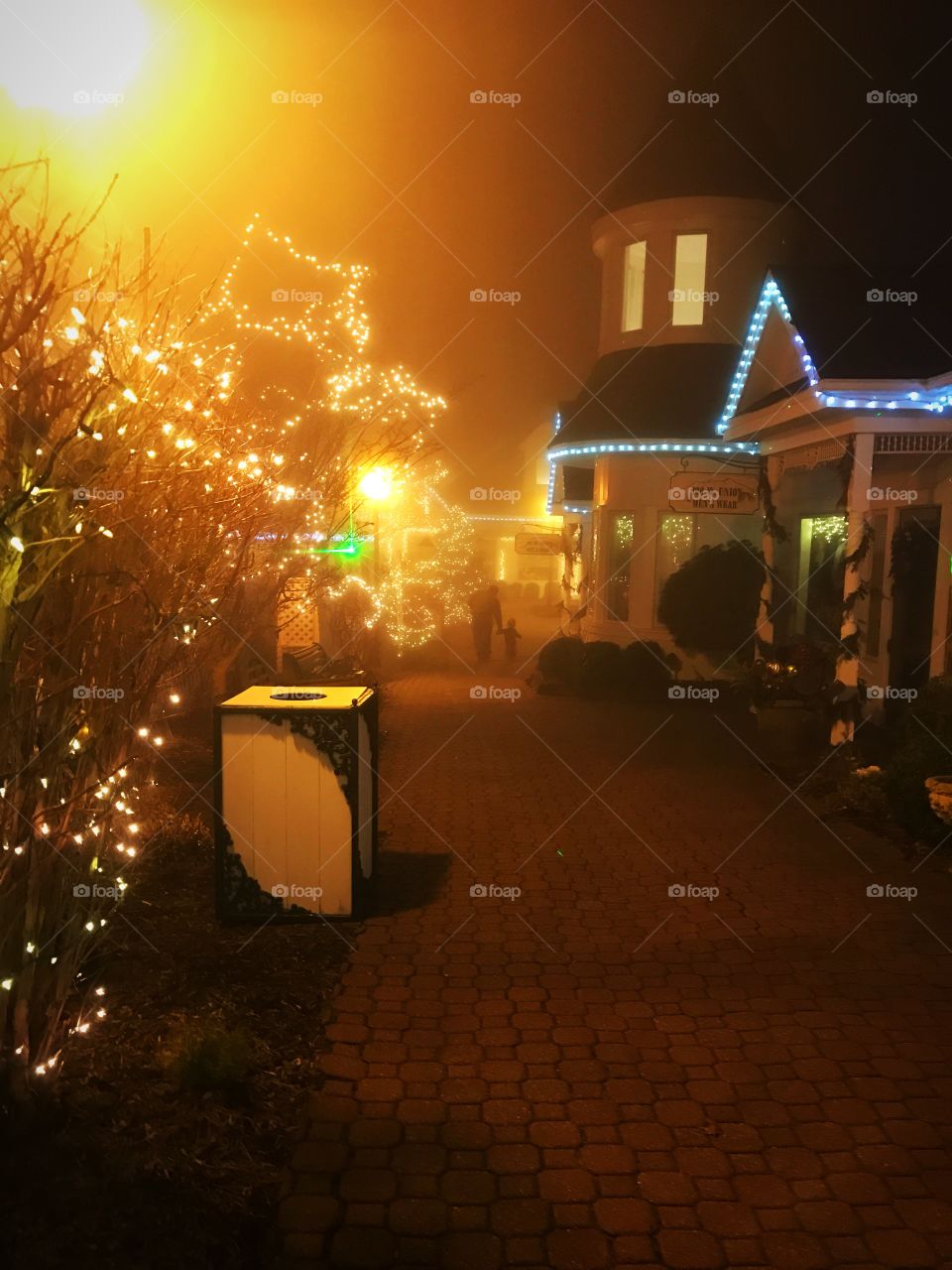 Christmas lights in the fog