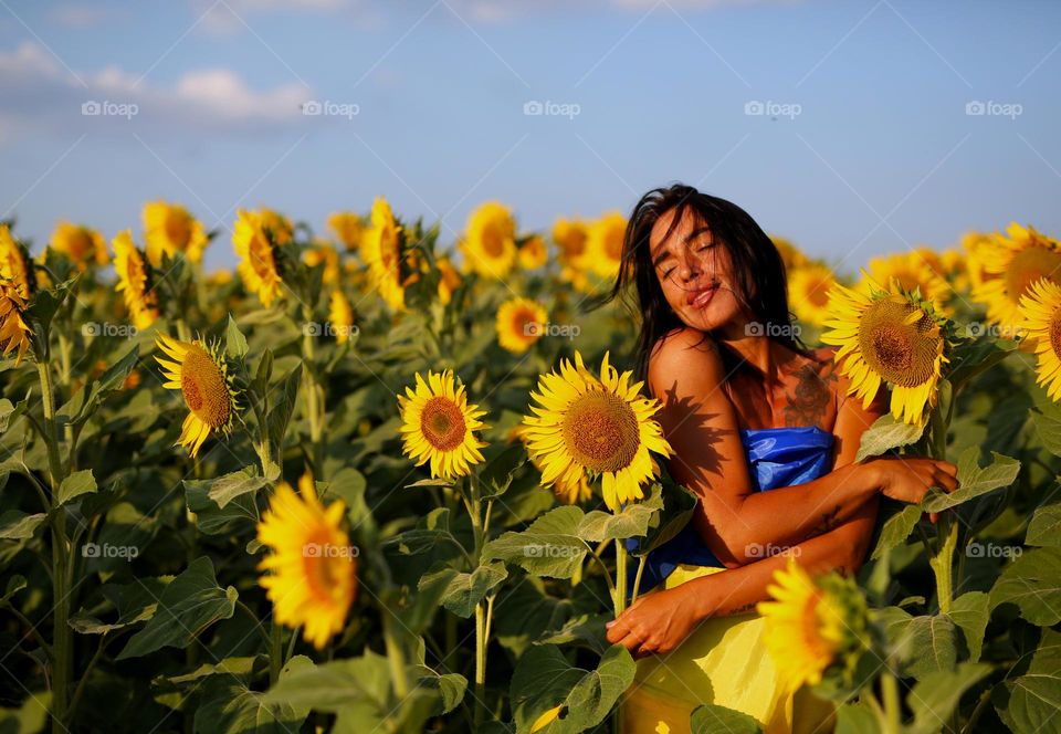 beautiful girl dressed in a yellow-blue piece of fabric, the national Ukrainian flag.  A girl stands in a field with yellow sunflowers, a warm, sunny day