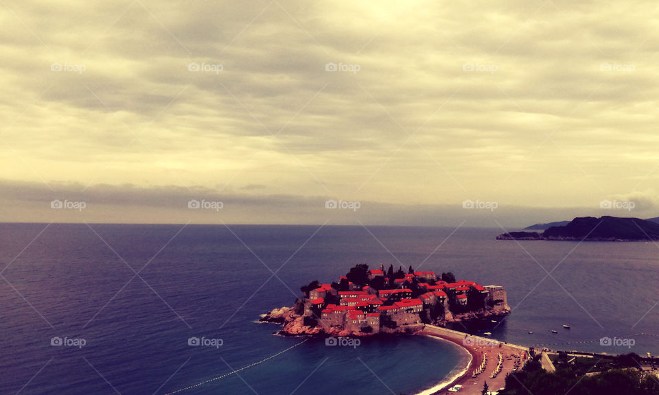 hotel resort sveti stefan. island, sea and sky.