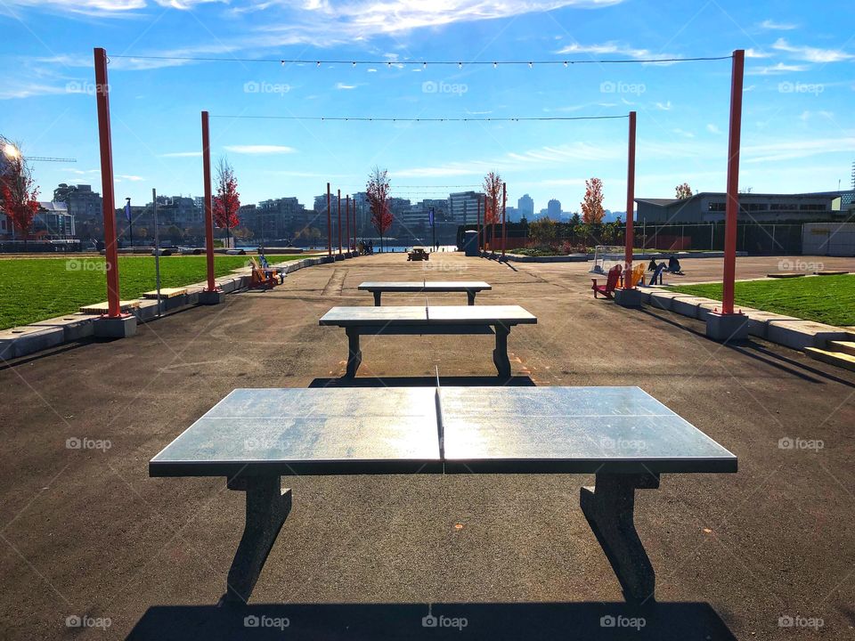 2 of my favourite things: table tennis and a warm sunny day. Now I can do both with these outdoor tennis tables! A beverage would be nice, too, but it’s not in the photo. 