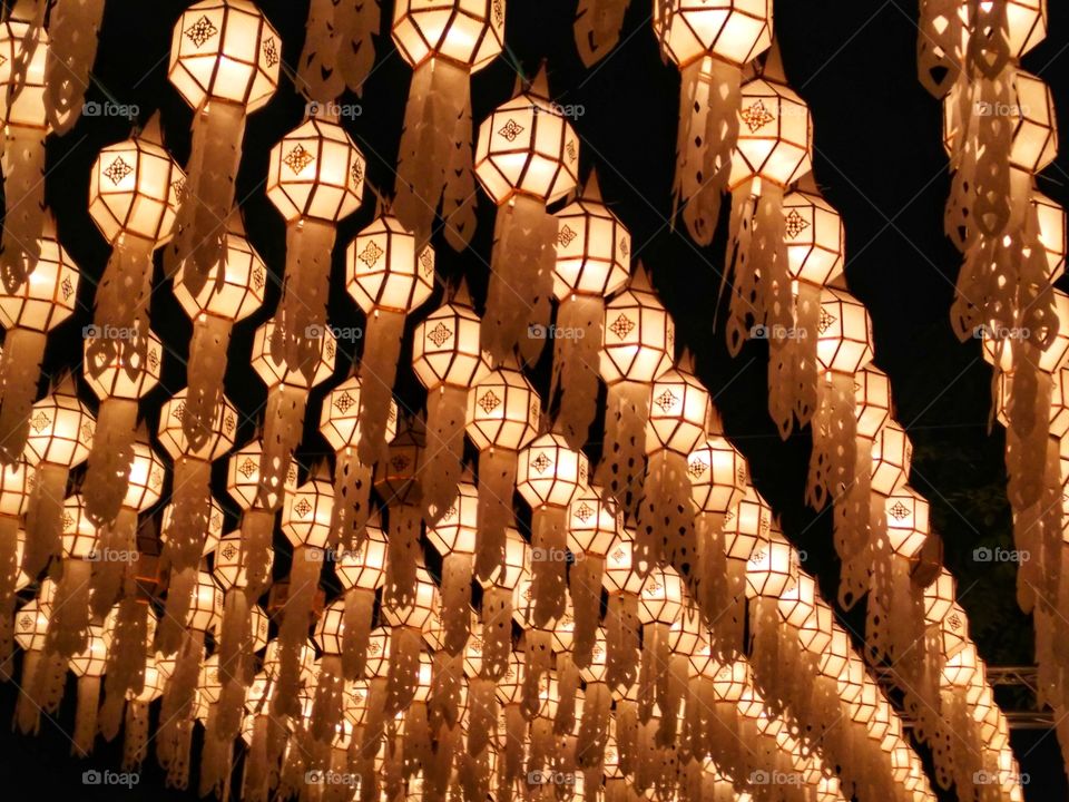 Rows of paper lanterns at the festival of light in Chiang Mai, Thailand