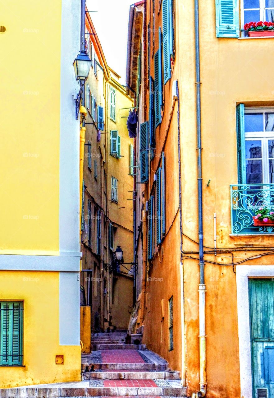 Steep alley in the hillside town of Menton - French Riviera