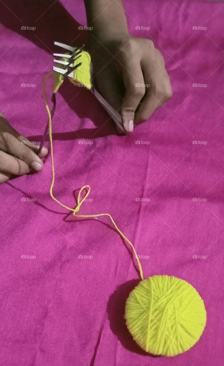 The fork is metal implement with 3 or 4 prongs, used for lifting food to the mouth or holding it when cutting, but I used this for making dress from woollen thread 🧵