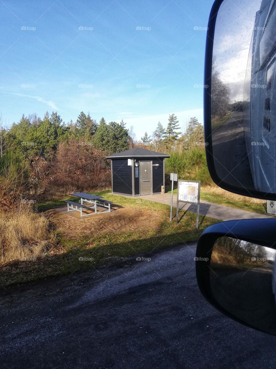 Public toilet by the road in Denmark. Forest car parking.