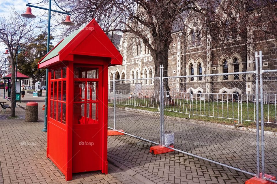 Red phone booth in Christchurch, New Zealand 