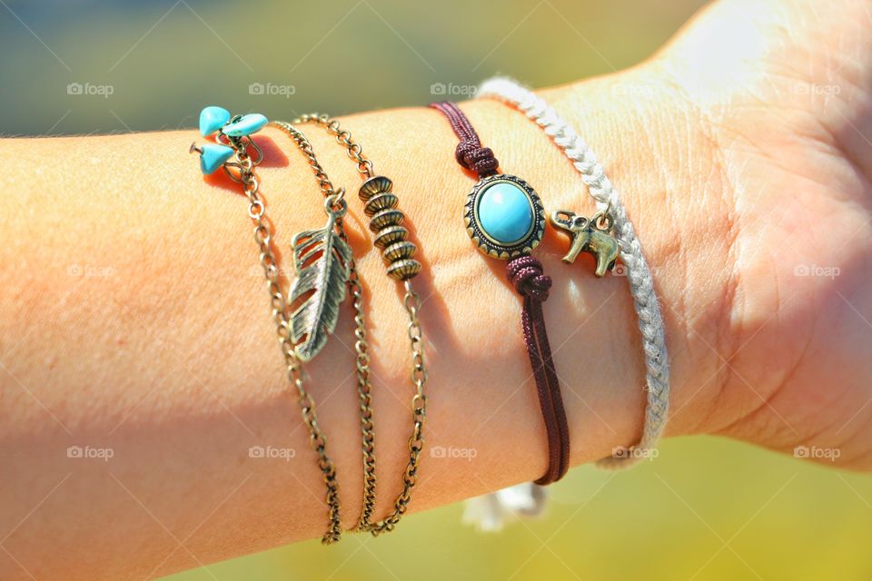 Woman wearing handmade bracelets 