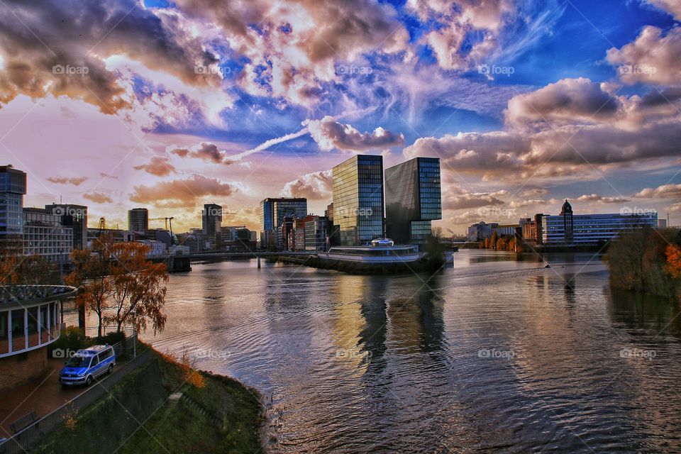 Duesseldorf city view under clouds