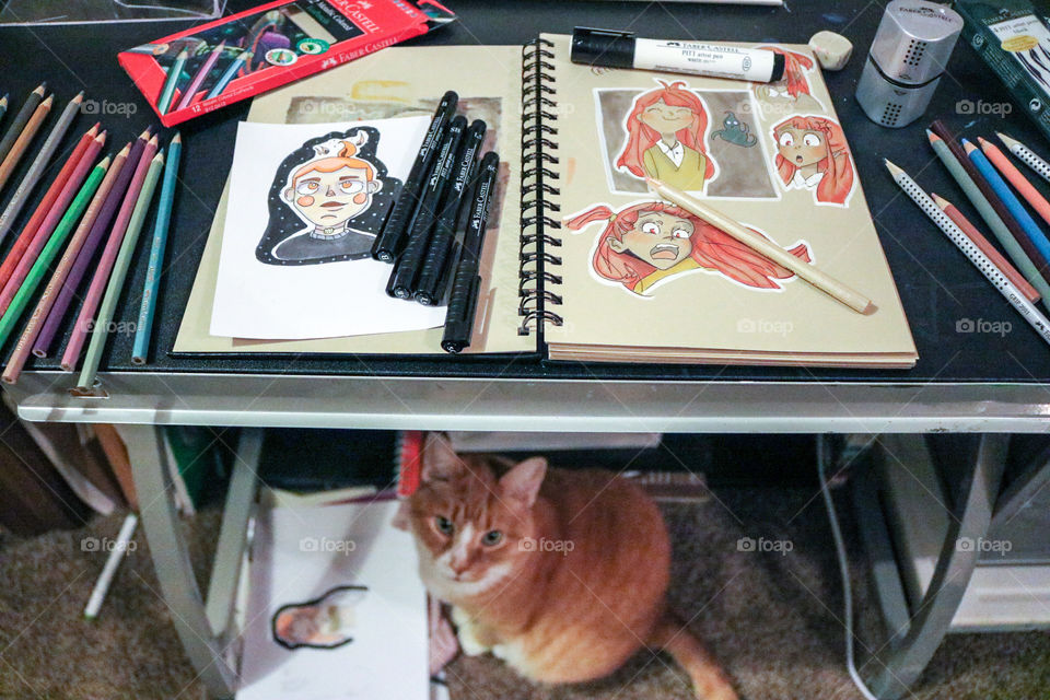Art by Taylor- drawing table with Art drawn with Faber-Castell and our pet cat’s favorite resting spot.