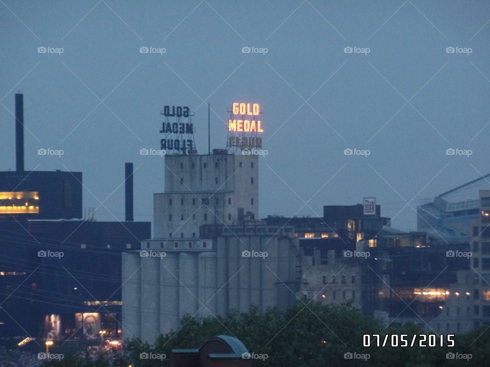 Minneapolis Downtown Skyline on a summer night of old Pillsbury Factory 