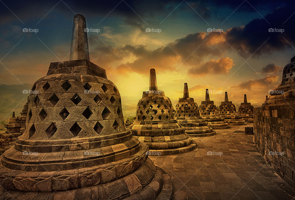 sunset at Borobudur temple